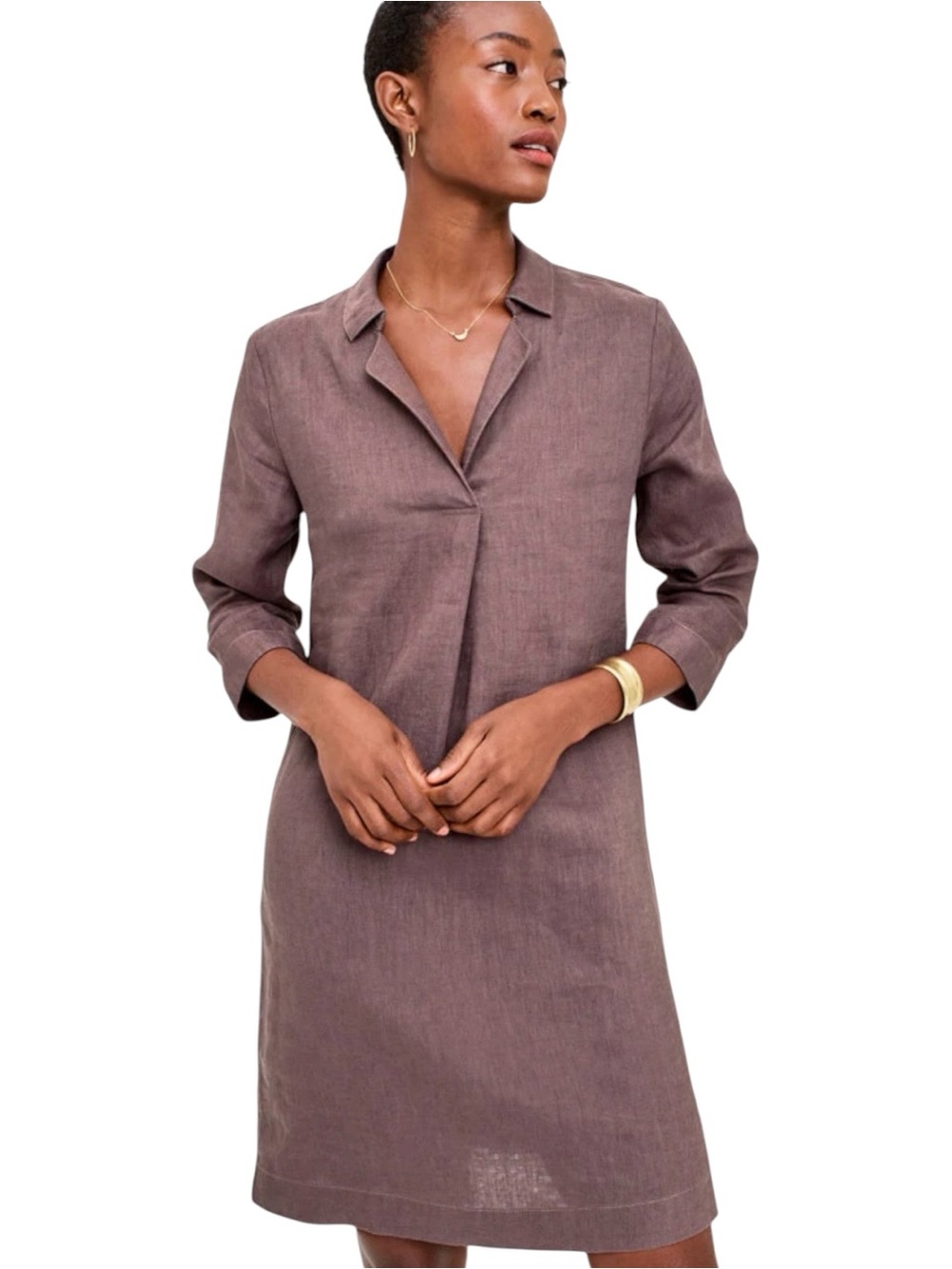 Garnet Hill Linen Popover Shirtdress 10 Brown Relaxed Fit 3/4 Sleeves Classic